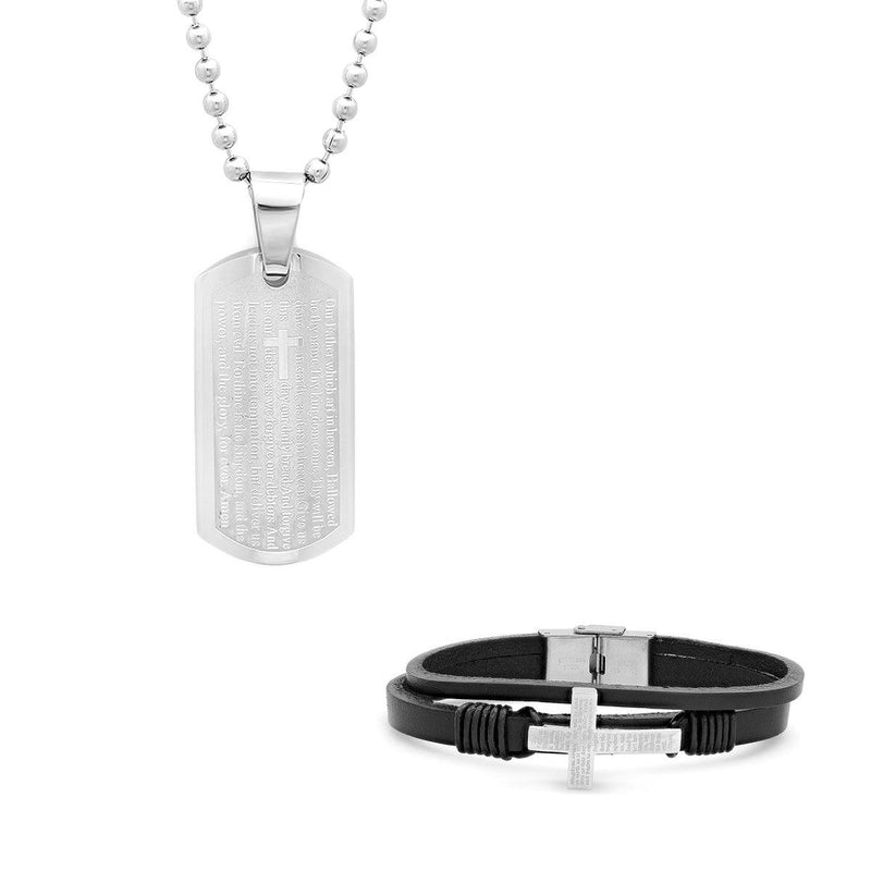 Stainless Steel Our Father Prayer Leather Bracelet and Dog Tag Pendant Bracelets - DailySale