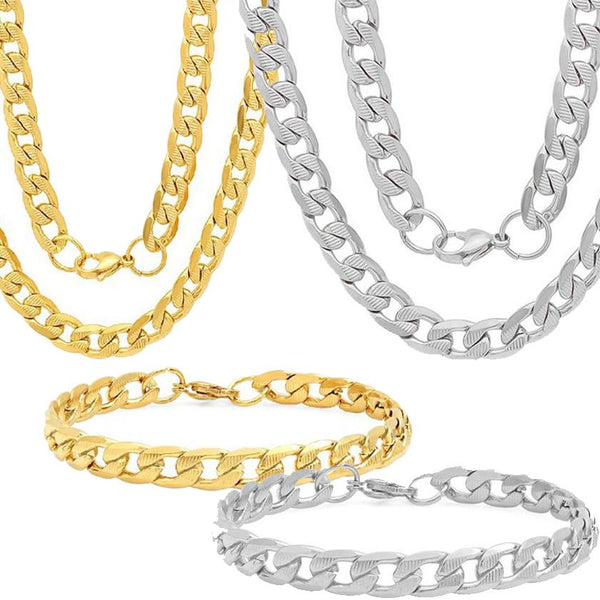 Steeltime Men's 8mm Stainless Steel Diamond Cut Cuban Link Chain Necklace and Bracelet Necklaces - DailySale