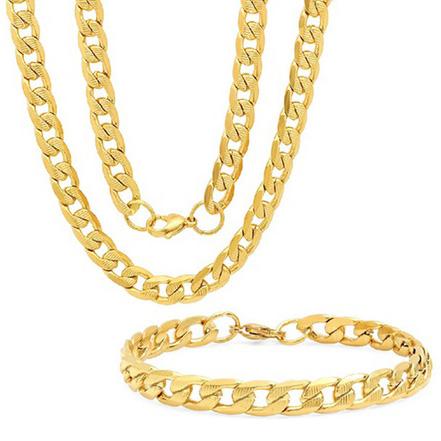 Steeltime Men's 8mm Stainless Steel Diamond Cut Cuban Link Chain Necklace and Bracelet Necklaces Gold - DailySale