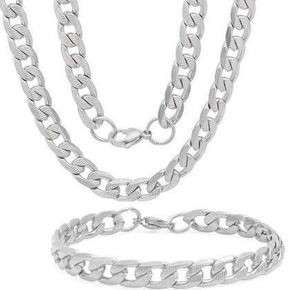 Steeltime Men's 8mm Stainless Steel Diamond Cut Cuban Link Chain Necklace and Bracelet Necklaces Silver - DailySale