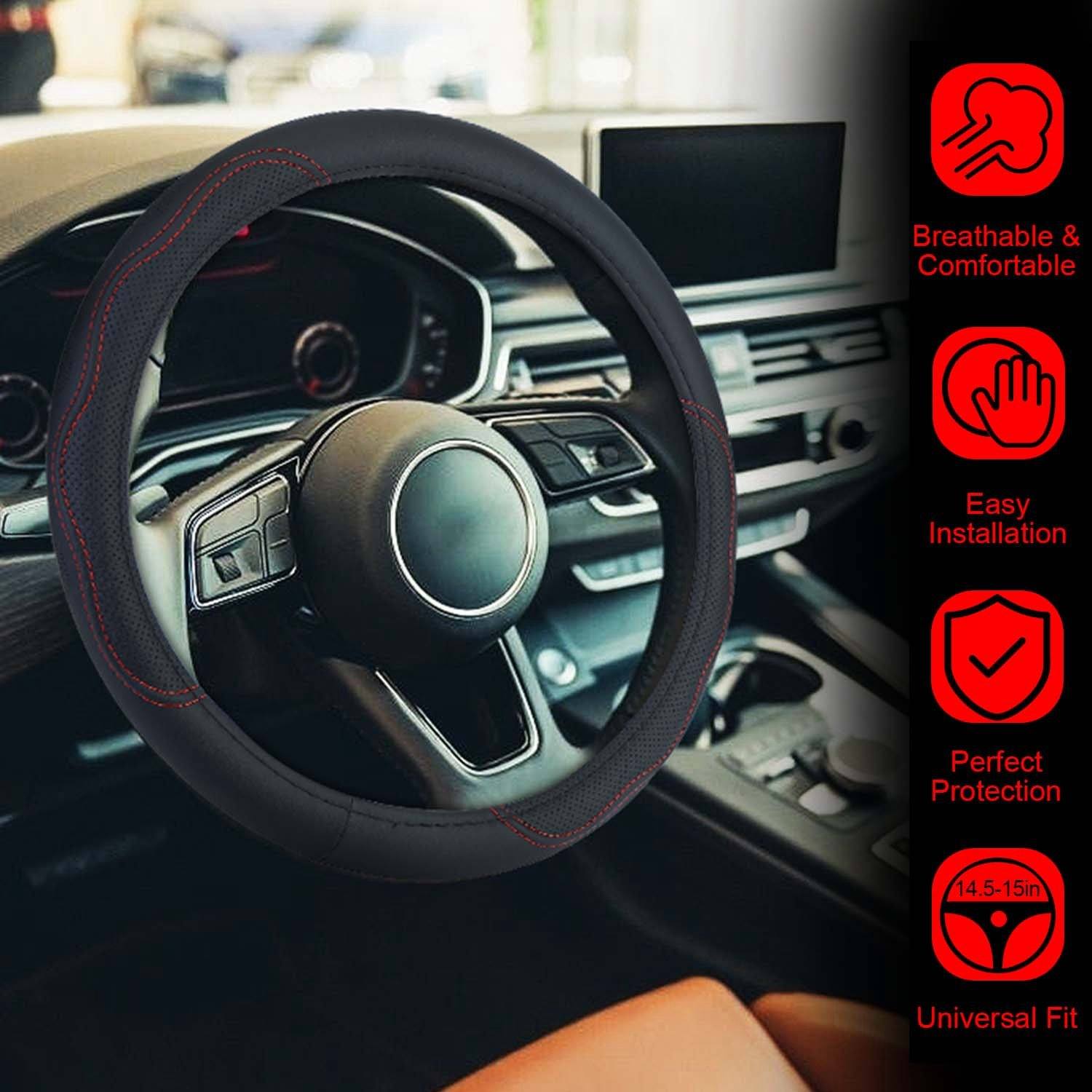 Steering Wheel Cover 14.5"- 15" Diameter Universal Fiber Leather Automotive - DailySale