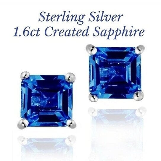 Sterling Silver 1.6 Created Sapphire Square Shape Stud Earring Earrings - DailySale