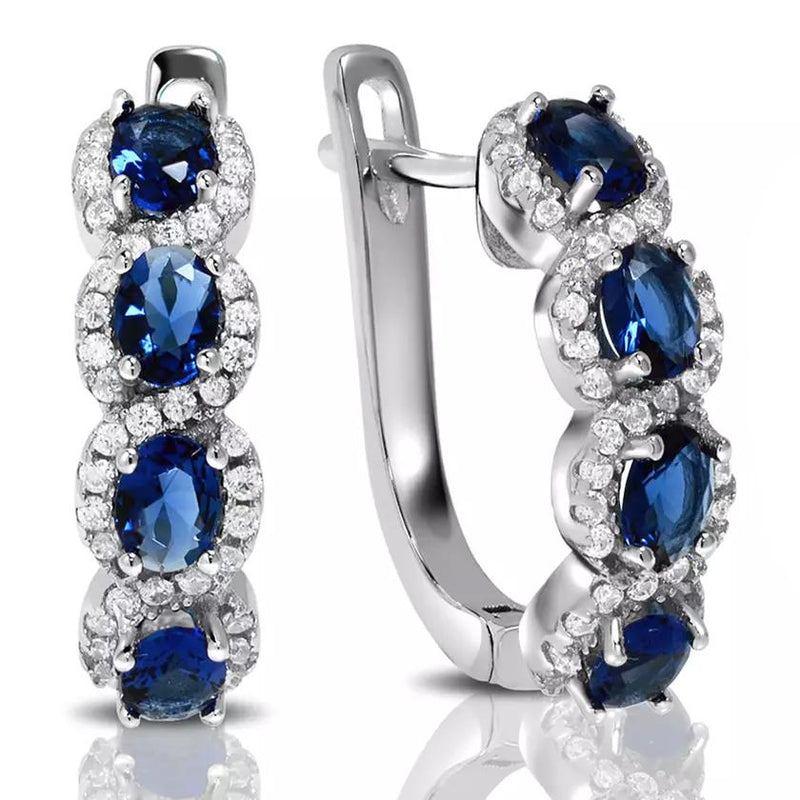 Sterling Silver Created Blue Sapphire Halo Hoop Earring Earrings - DailySale