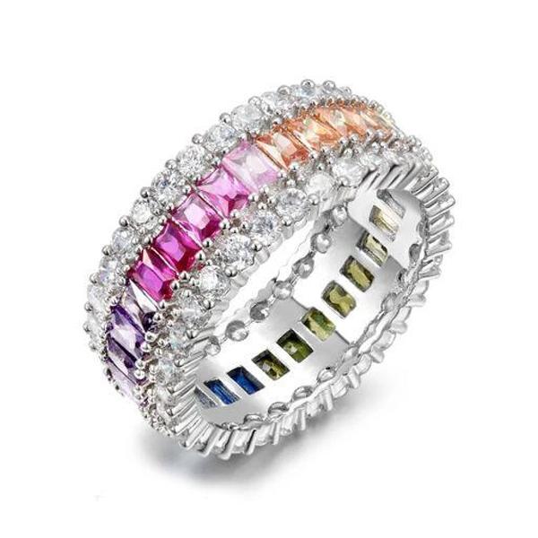 Sterling Silver Emerald Cut Rainbow Prong Eternity Band Rings - DailySale