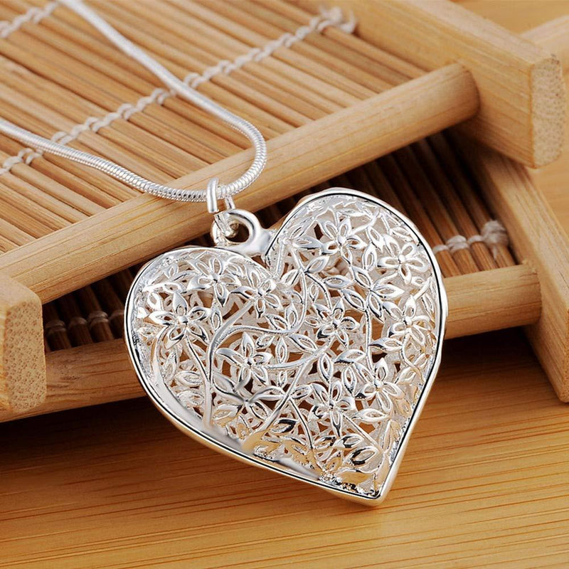 Sterling Silver Filigree Puffed Heart Necklace Jewelry - DailySale