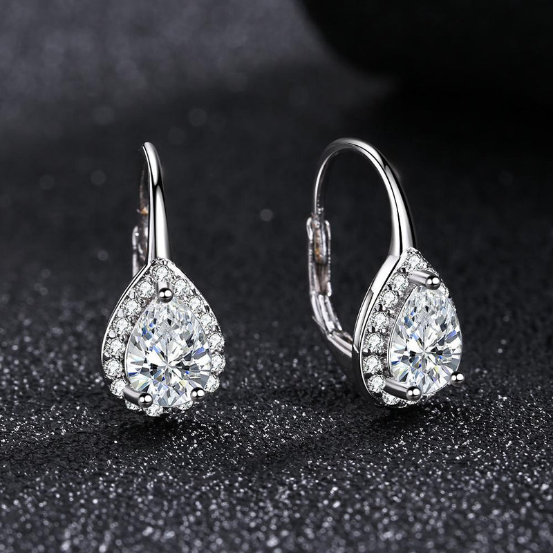 Sterling Silver Pear Omega Lever-back Halo Earring With Swarovski Crystals Earrings - DailySale