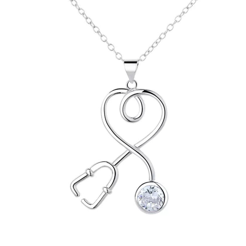 Sterling Silver Stethoscope Heart Pendant Necklace With Swarovski Crystals Necklaces Clear - DailySale