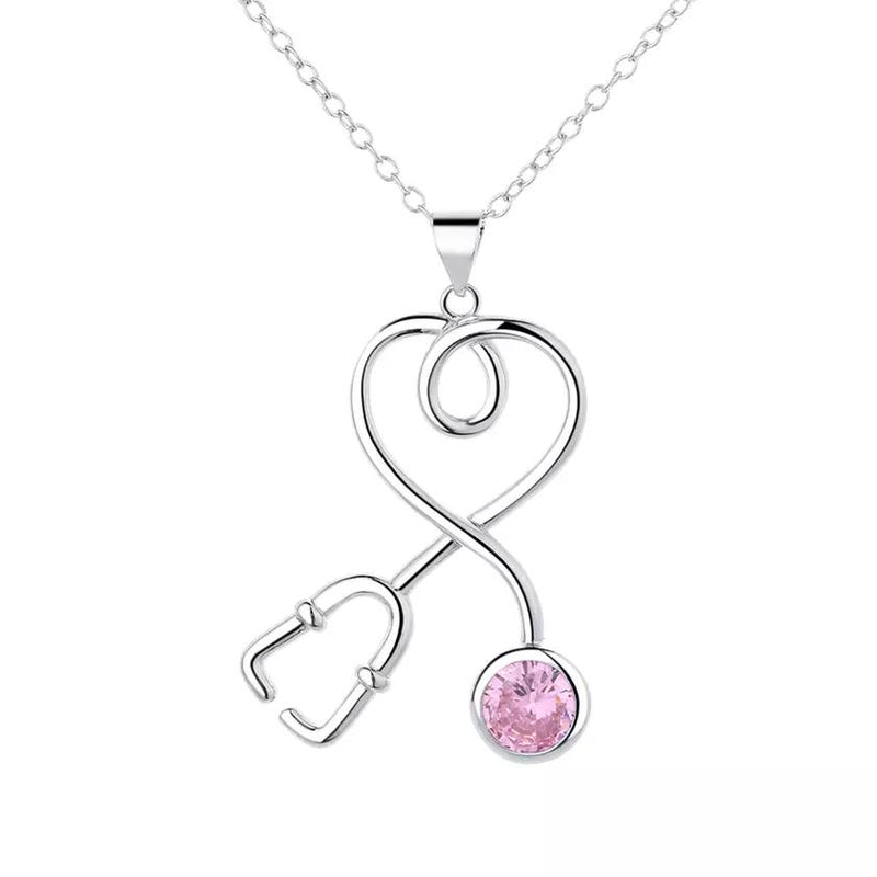 Sterling Silver Stethoscope Heart Pendant Necklace With Swarovski Crystals Necklaces Pink - DailySale