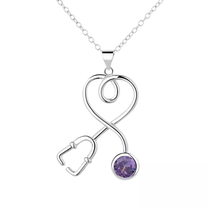 Sterling Silver Stethoscope Heart Pendant Necklace With Swarovski Crystals Necklaces Purple - DailySale