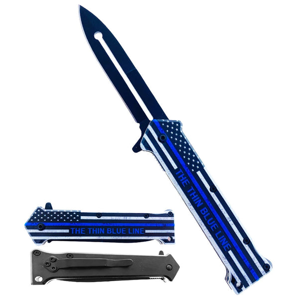 Stiletto Spring Assisted Steel Folding Knife Tactical Blue Line - DailySale