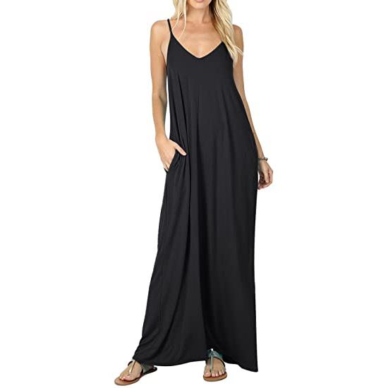 Stokeen Women's Summer Casual Plain Spaghetti Strap Maxi Dress Women's Clothing Black S - DailySale