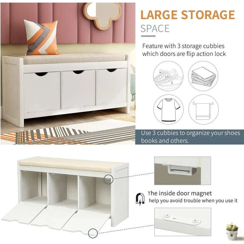 Storage Bench with Removable Cushion and 3 Flip Lock Storage Cubbies