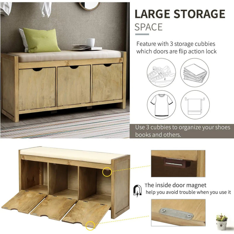 Storage Bench with Removable Cushion and 3 Flip Lock Storage Cubbies