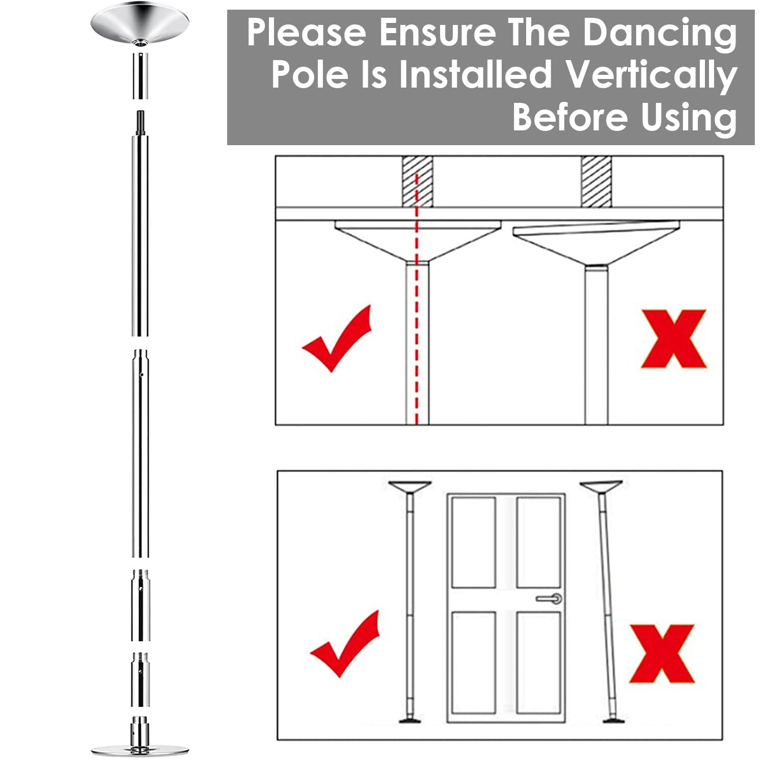 Correct and incorrect placement of the Stripper Dance Pole (45mm Spinning Static Dancing Pole)