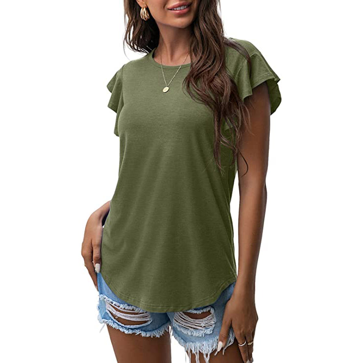 Summer Knit Ruffle Short Sleeve Top Women's Tops Army Green S - DailySale