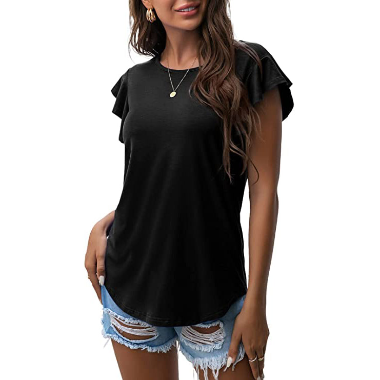 Summer Knit Ruffle Short Sleeve Top Women's Tops Black S - DailySale