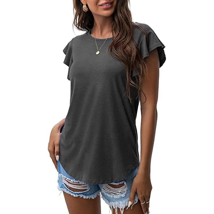 Summer Knit Ruffle Short Sleeve Top Women's Tops Dark Gray S - DailySale