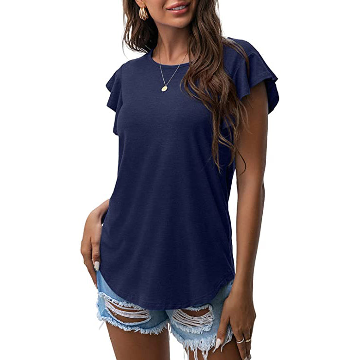 Summer Knit Ruffle Short Sleeve Top Women's Tops Navy Blue S - DailySale