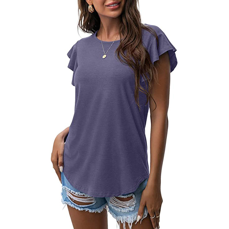 Summer Knit Ruffle Short Sleeve Top Women's Tops Purple Gray S - DailySale