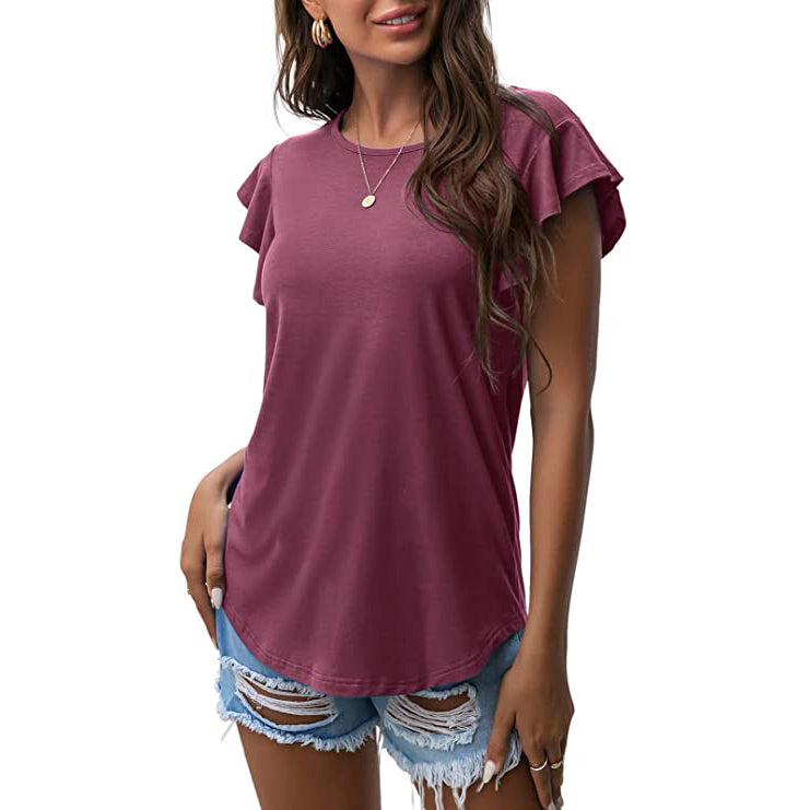 Summer Knit Ruffle Short Sleeve Top Women's Tops Purple Red S - DailySale