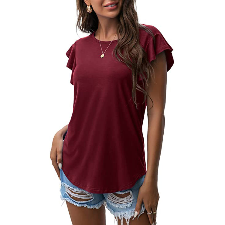 Summer Knit Ruffle Short Sleeve Top Women's Tops Wine Red S - DailySale