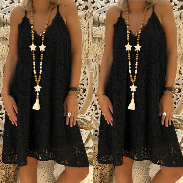 Summer Women's Loose V-neck Sling Sleeveless Dress Women's Clothing Black S - DailySale