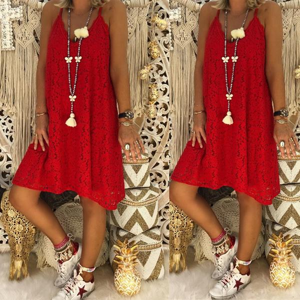 Summer Women's Loose V-neck Sling Sleeveless Dress Women's Clothing Red S - DailySale