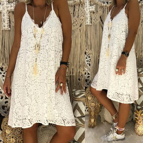 Summer Women's Loose V-neck Sling Sleeveless Dress Women's Clothing White S - DailySale