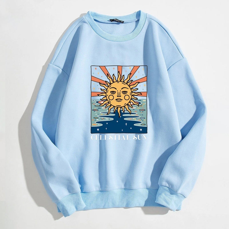 Sun and Letter Graphic Oversized Thermal Sweatshirt Women's Clothing Baby Blue S - DailySale