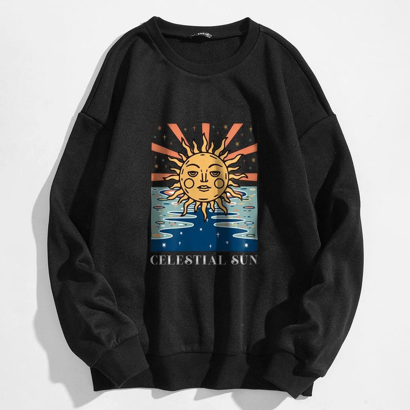 Sun and Letter Graphic Oversized Thermal Sweatshirt Women's Clothing Black S - DailySale