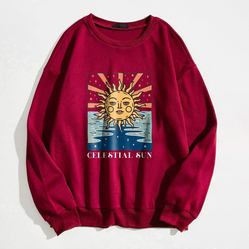 Sun and Letter Graphic Oversized Thermal Sweatshirt Women's Clothing Burgundy S - DailySale