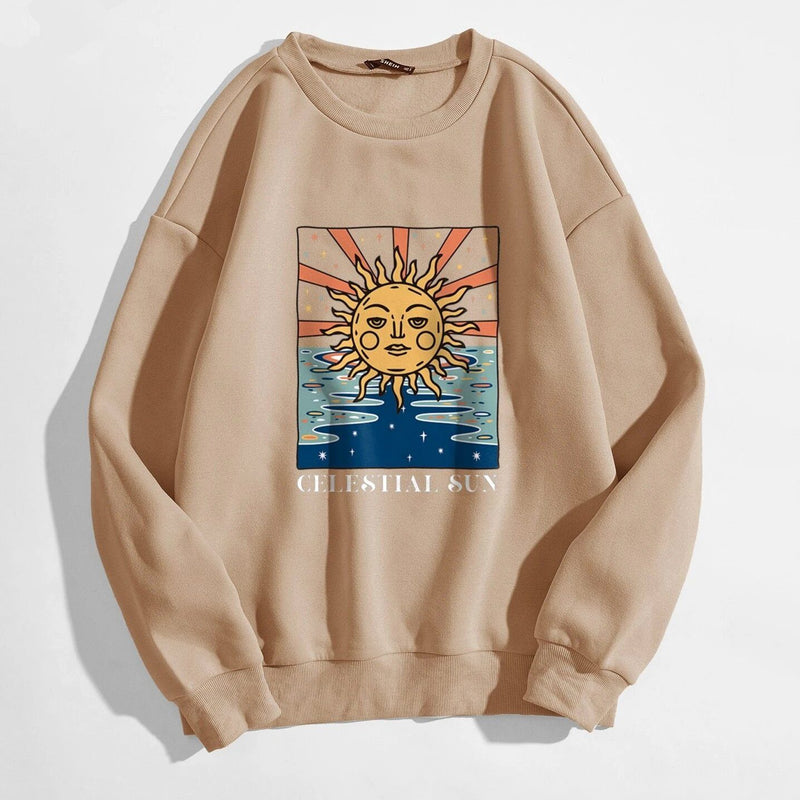 Sun and Letter Graphic Oversized Thermal Sweatshirt Women's Clothing Champagne S - DailySale