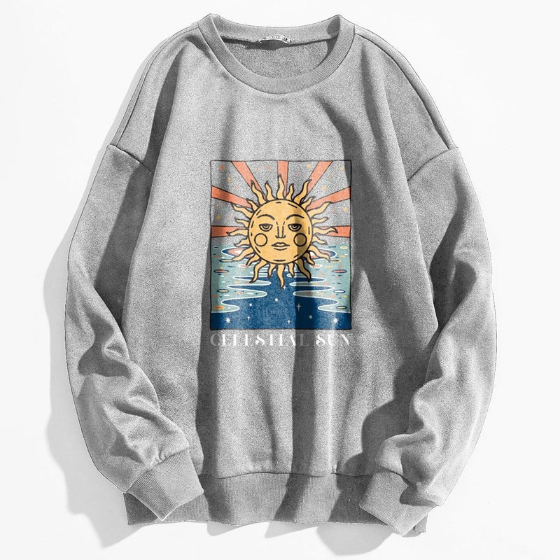 Sun and Letter Graphic Oversized Thermal Sweatshirt Women's Clothing Gray S - DailySale