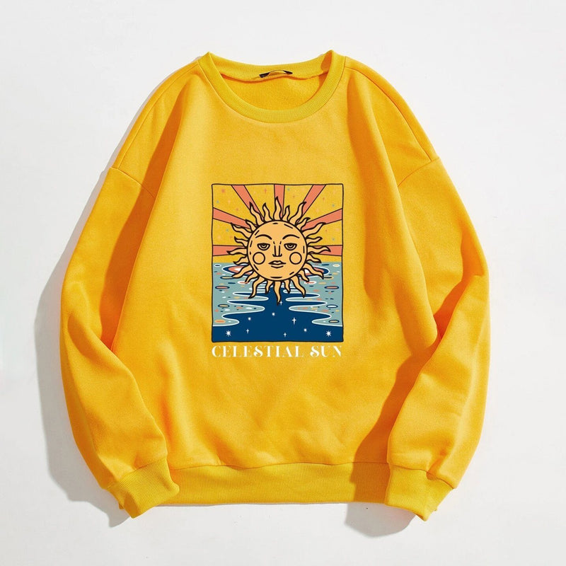 Sun and Letter Graphic Oversized Thermal Sweatshirt Women's Clothing Yellow S - DailySale