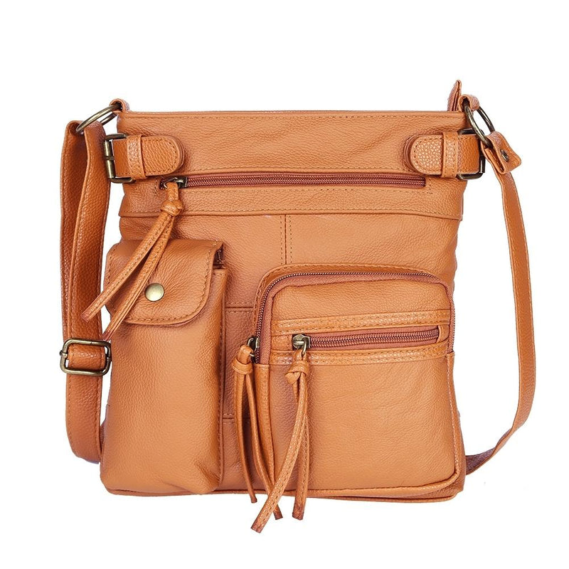 Super Soft Genuine Leather Top Belt Accent Crossbody Bag - Assorted Color Handbags & Wallets Light Brown - DailySale