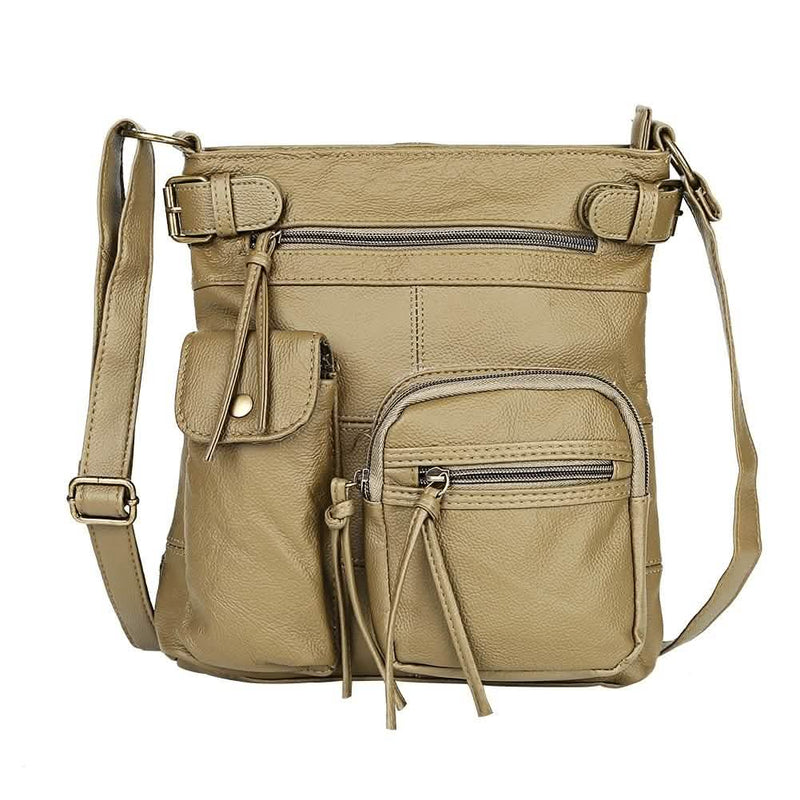 Super Soft Genuine Leather Top Belt Accent Crossbody Bag - Assorted Color Handbags & Wallets Pewter - DailySale