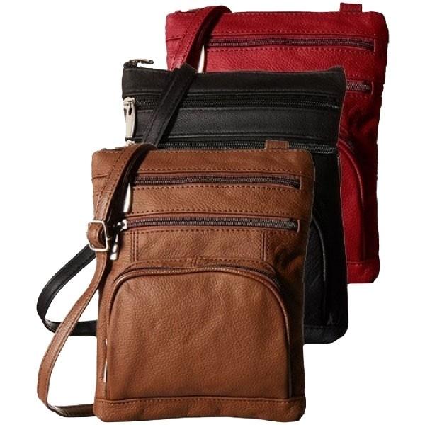 Brown, black, and red Super Soft Leather-Crossbody Bag one on top of the other