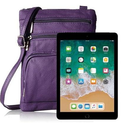 Super Soft Leather Plus Size Crossbody Bag in purple with an iPad resting in front of it