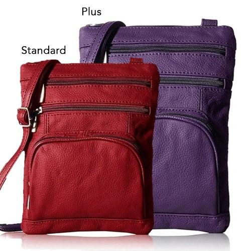 Red Super Soft Leather Plus Size Crossbody Bag in standard size, placed in front of a purple plus size