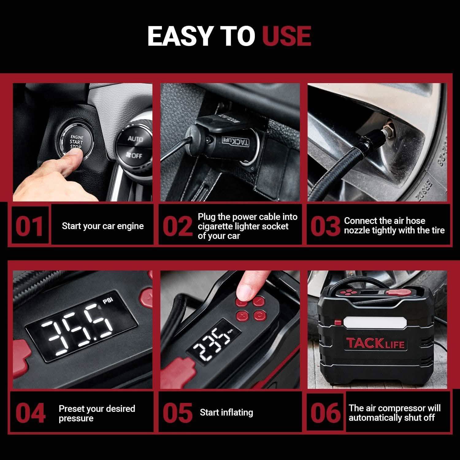 TACKLIFE Car Tire Inflator 12V DC Portable Air Compressor with 3 LED Lights Automotive - DailySale