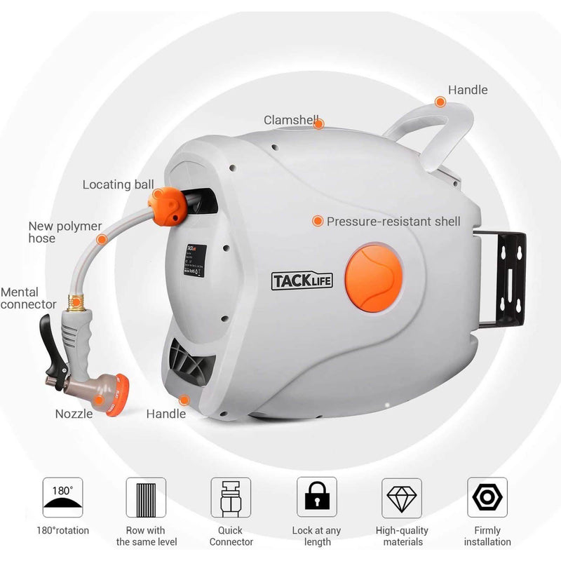 TACKLIFE Garden Retractable Hose Reel 82+8 FT 5/8'' Wall Mounted Garden & Patio - DailySale