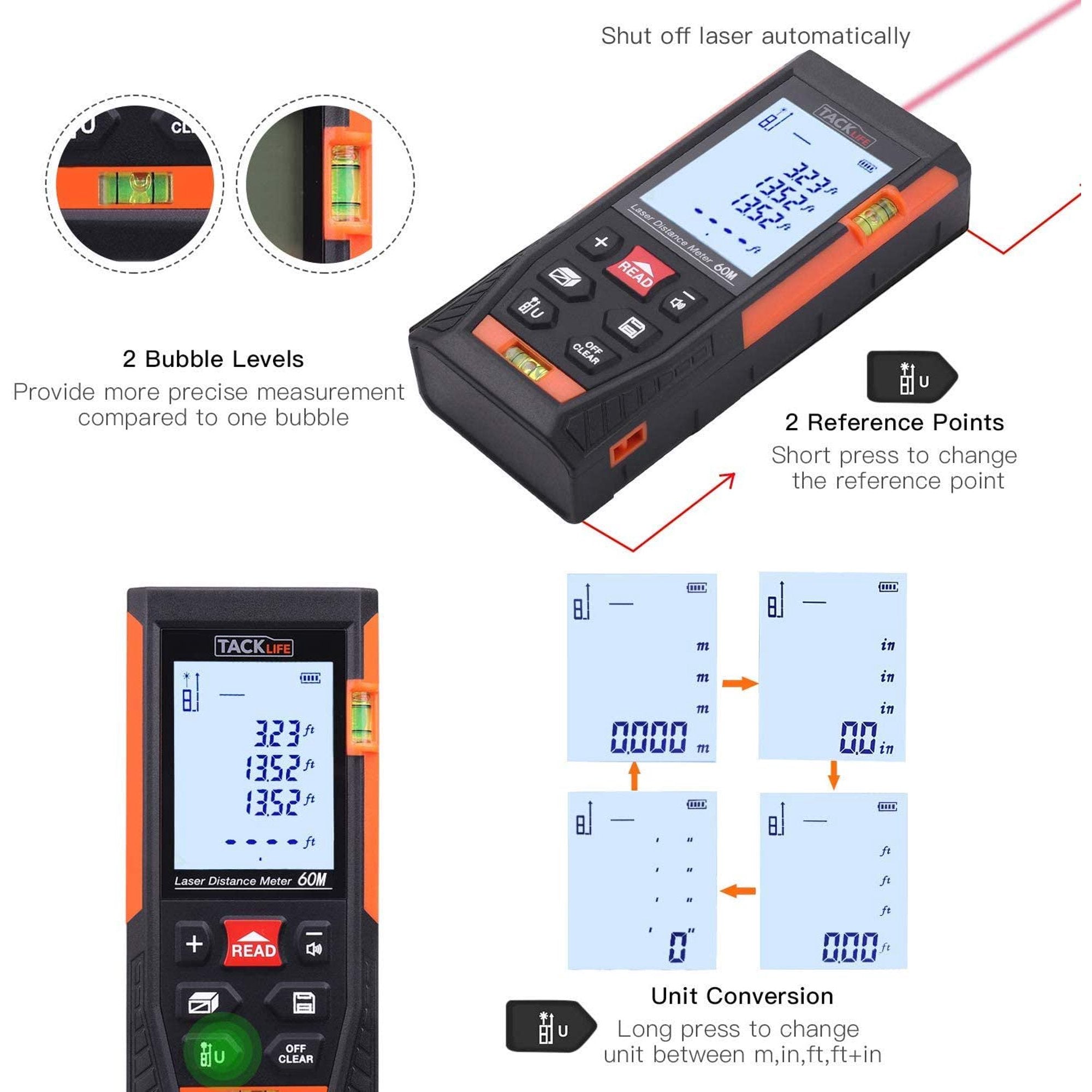 Tacklife HD60 Classic Laser Measuring Device 196Ft Home Improvement - DailySale