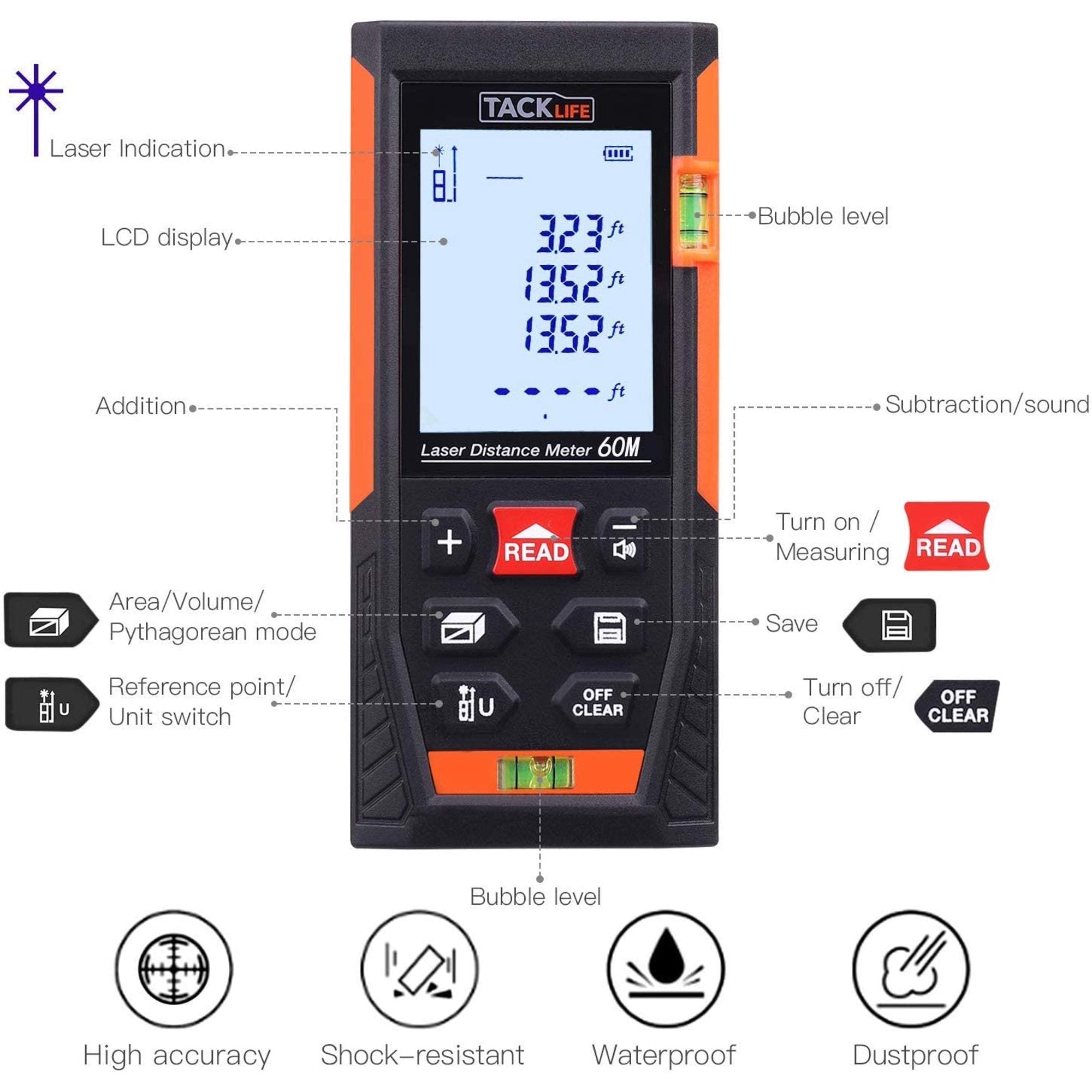 Tacklife HD60 Classic Laser Measuring Device 196Ft Home Improvement - DailySale