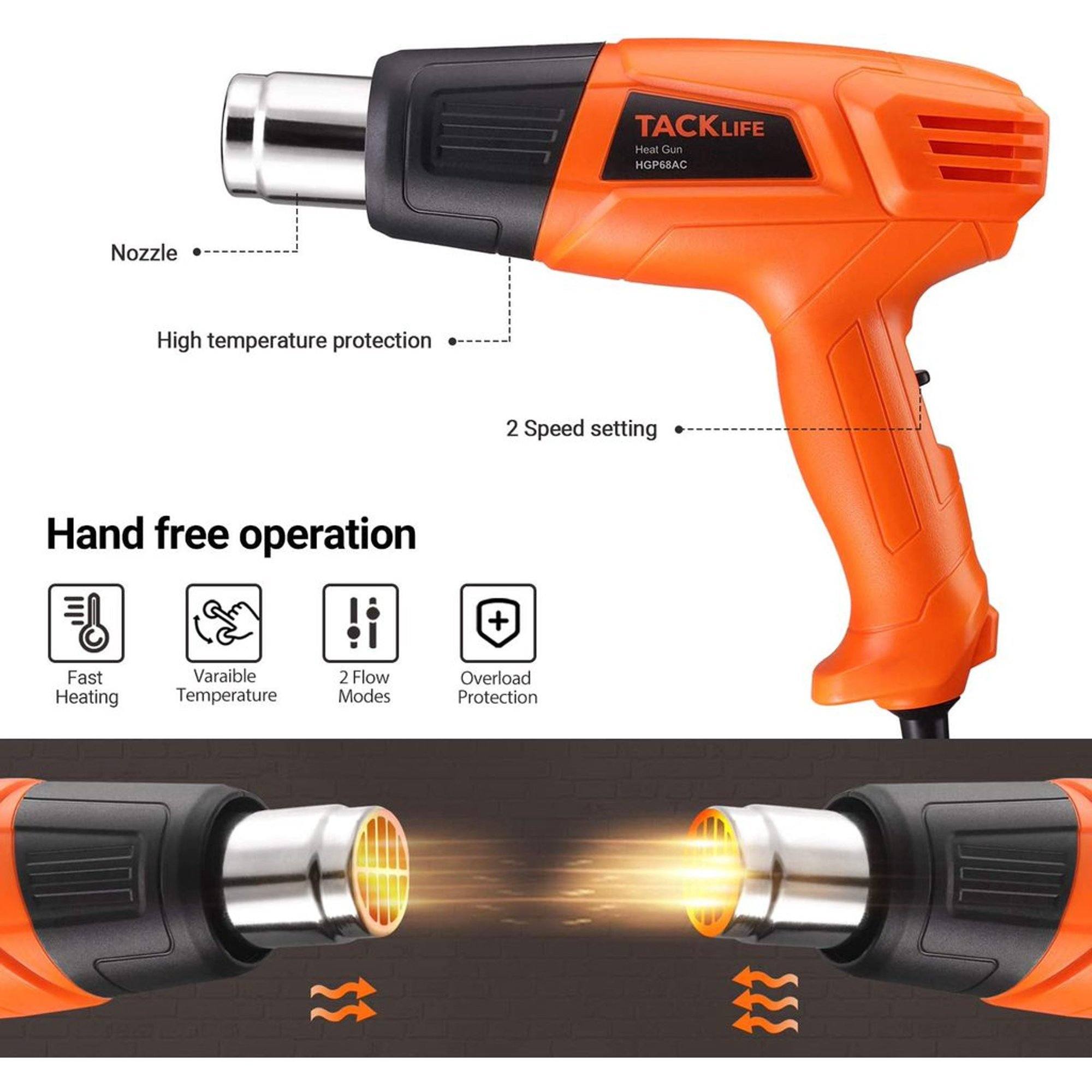 TACKLIFE Heat Gun 1500W 572°F~ 932°F Dual Temperature Hot Air Gun Kit Home Improvement - DailySale