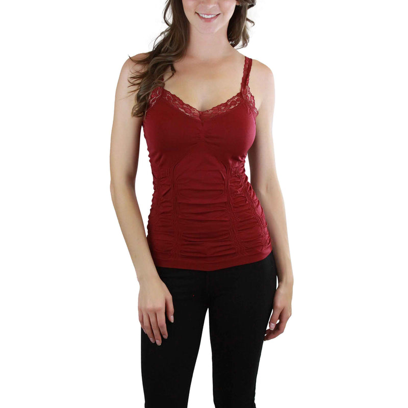 ToBeInStyle Women's Wrinkled Seamless Camisole Top with Floral Lace Trim Straps