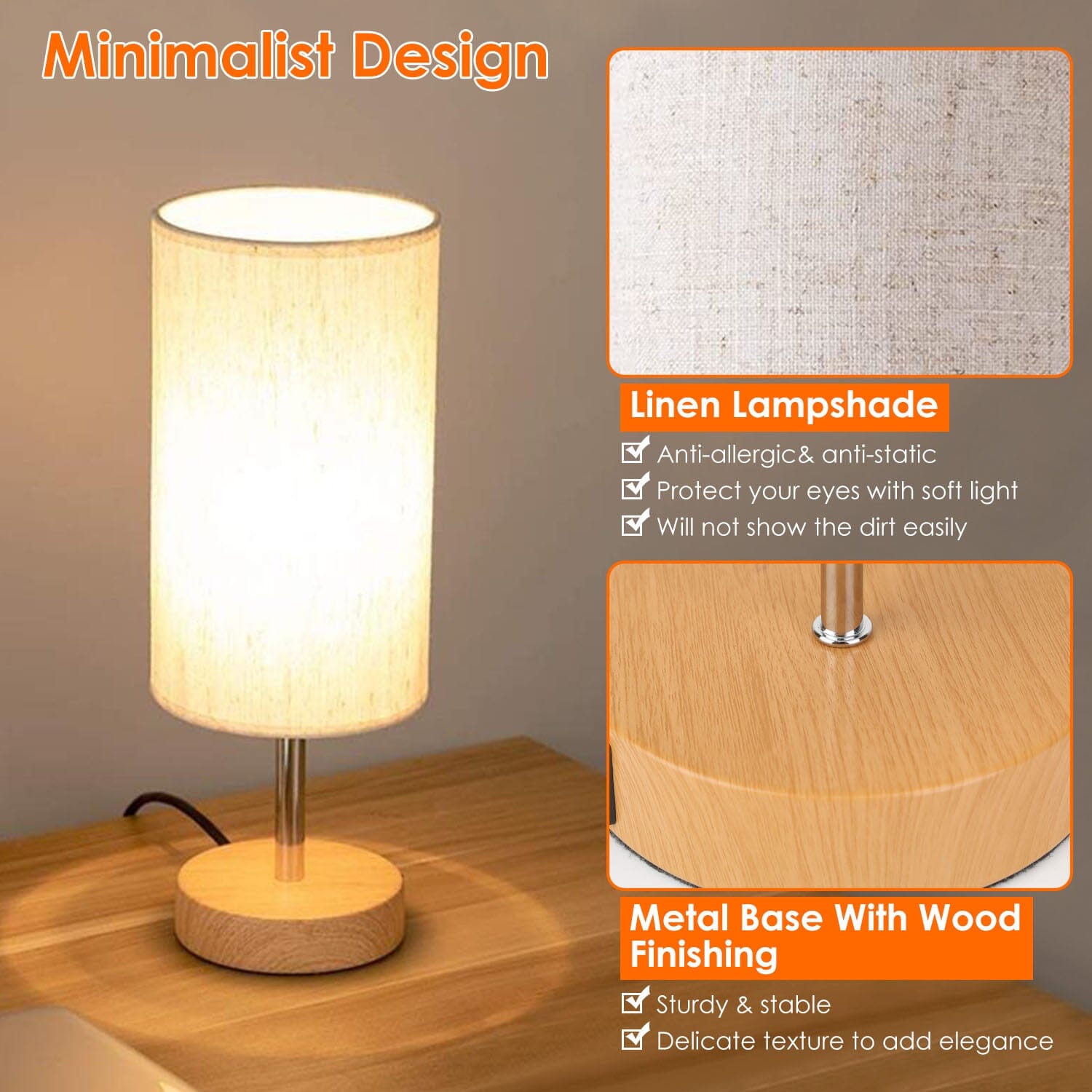 Touch Control Table Lamp 3-Way Dimmable Nightstand Beside Lamp Indoor Lighting - DailySale