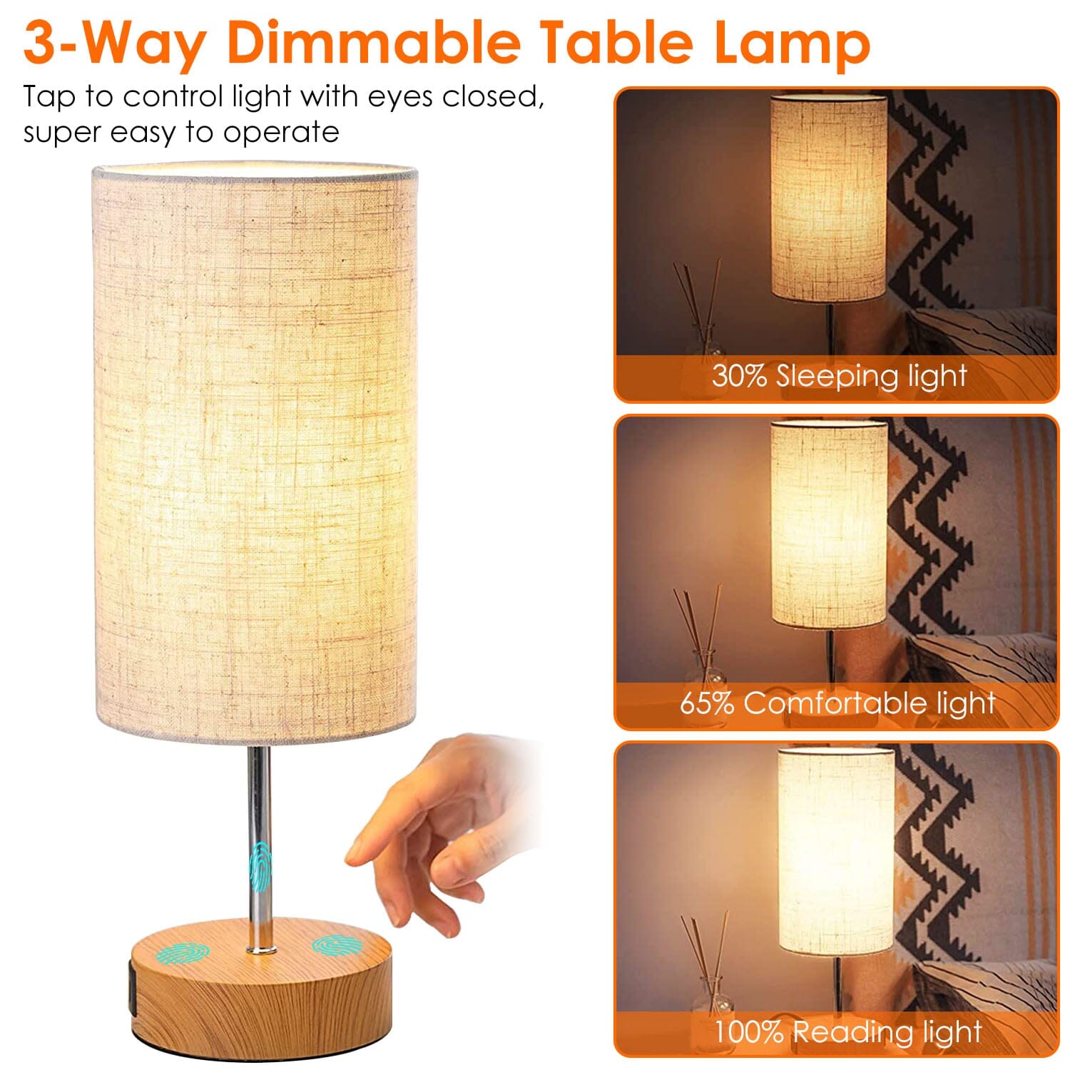 Touch Control Table Lamp 3-Way Dimmable Nightstand Beside Lamp Indoor Lighting - DailySale