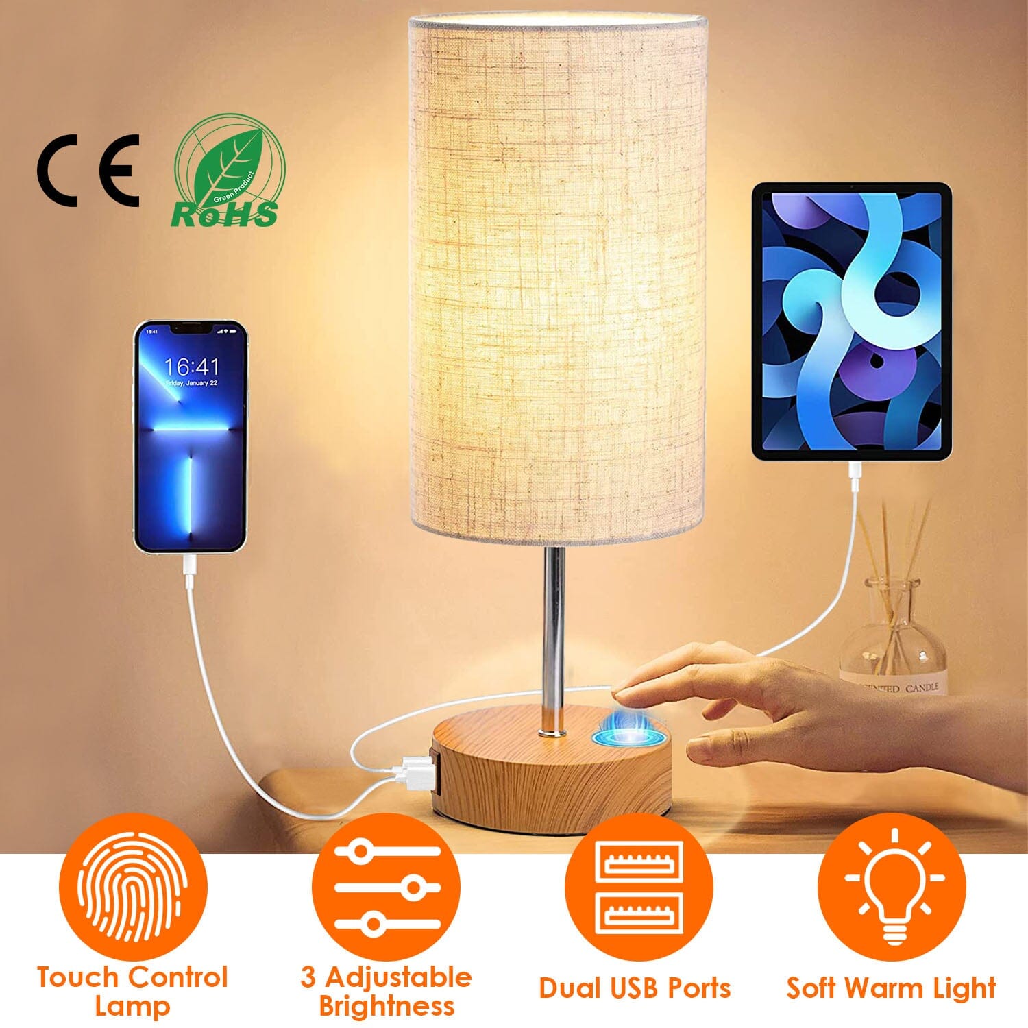 Touch Control Table Lamp 3-Way Dimmable Nightstand Beside Lamp Indoor Lighting - DailySale