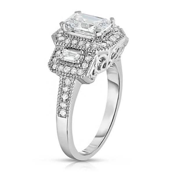 Tri Stone Emerald Cut Cubic Zirconia Ring in 18k White Gold - Size: 9 Jewelry - DailySale