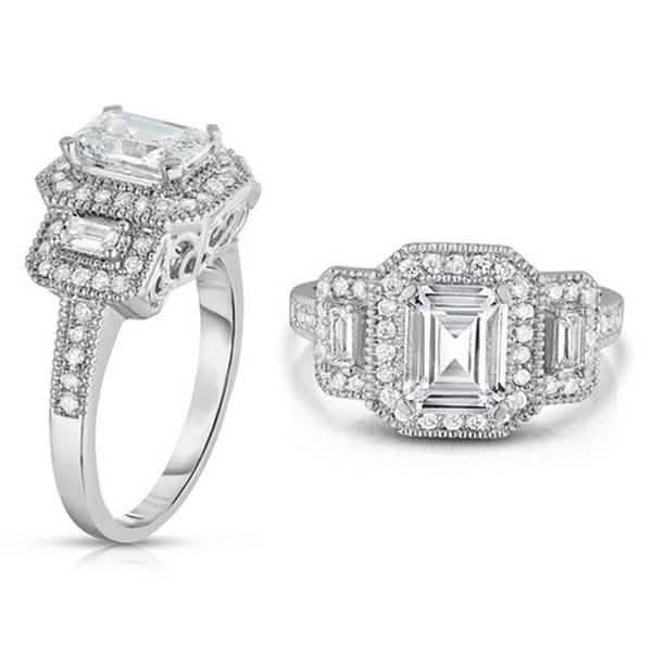 Tri Stone Emerald Cut Cubic Zirconia Ring in 18k White Gold - Size: 9 Jewelry - DailySale